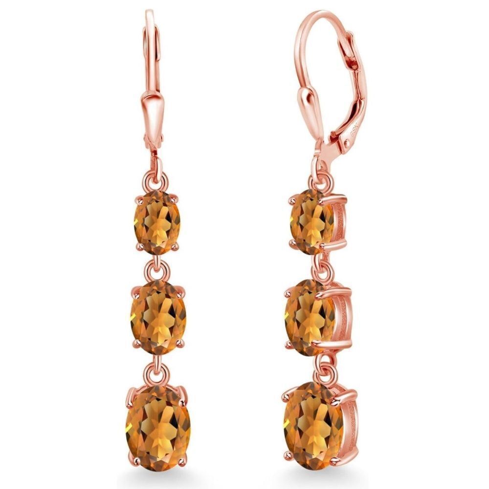 18K Rose Gold with 4.40 Cttw 3 Stone Madeira Citrine Leverback Drop Earrings